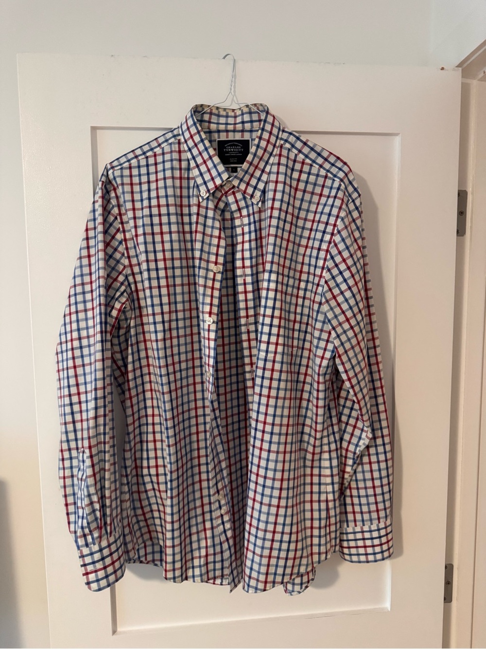 Charles Tyrwhitt White Button-Down Shirt with Blue & Red Check